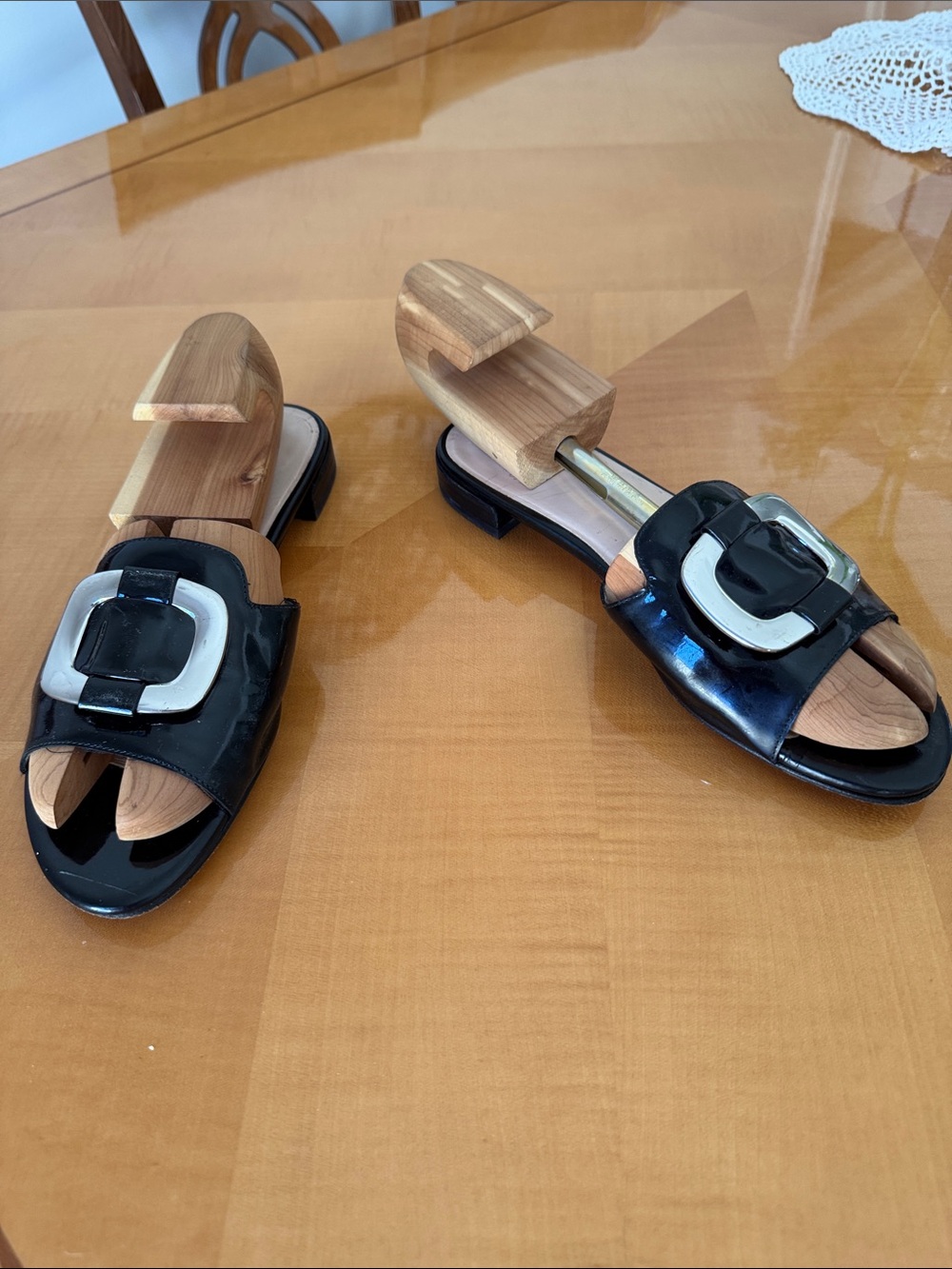 Stuart Weitzman Black Patent Slide Sandals with Silver Buckle Accent 9,5
